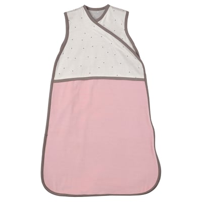 Saco de durmir para bebés, puntos de polka rosa e branco, velouro suave con xersei de algodón, sen mangas, zip frontal.