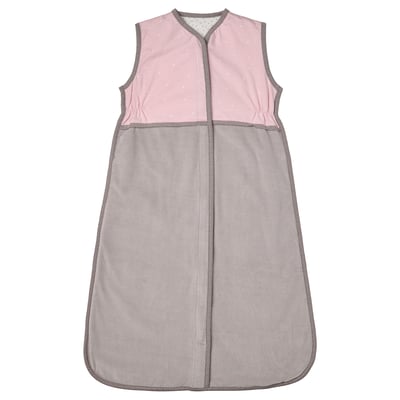 Bolsa de durmir para bebés rosa claro con revestimento gris, sen mangas, cremalleira frontal, velouro suave e algodón.