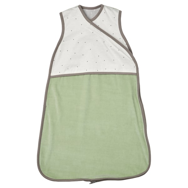 Bolsa de durmir para bebés verde e branco con cremalleira, tecido suave, patrón punteado.