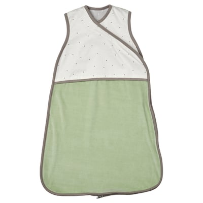 Bolsa de durmir para bebés verde e branco con cremalleira, tecido suave, patrón punteado.