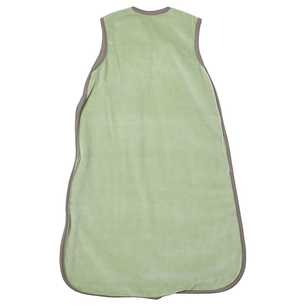 Bolsa de durmir verde para bebés, velouro suave e algodón, sen mangas, forma de saco.