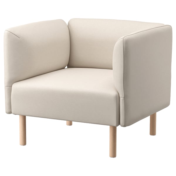 Un sofá de tecido modular beige claro chamado LILLEHEM con patas de madeira, deseñado para comodidade e versatilidade.