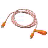 Un cable de carga USB-C enrolado, laranxa e branco chamado LILLHULT, feito de elastomero termoplástico.