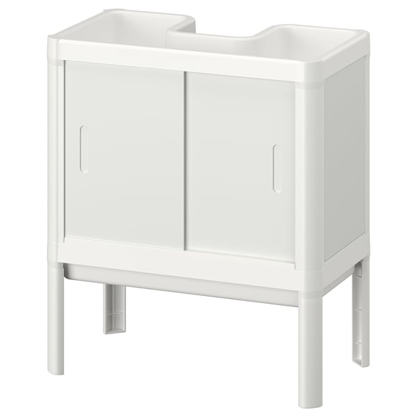 Un armario de lavabo branco LILLTJÄRN para baños pequenos, con dúas portas e catro patas.