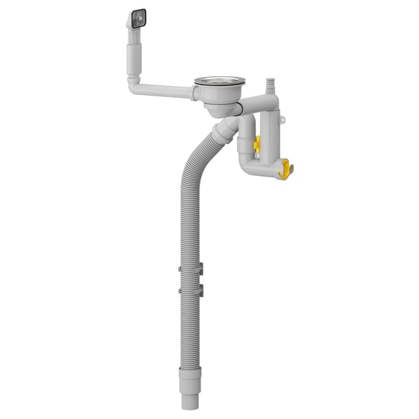 Un sistema de drenaxe LILLVIKEN en branco, feito de plástico e aceiro inoxidable, deseñado para un fluxo de auga eficiente.