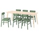Mesa de comedor LISABO e 6 cadeiras verdes, parte superior rectangular, pernas conicas, asentos curvos
