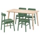 Conxunto de comedor LISABO: mesa de cinzas claras, cadeiras verdes, deseño escandinavo.
