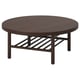 Unha mesa de café redonda LISTERBY con acabado de madeira escura, cunha parte superior de revestimento de faia, patas robustas e un estante para almacenar.