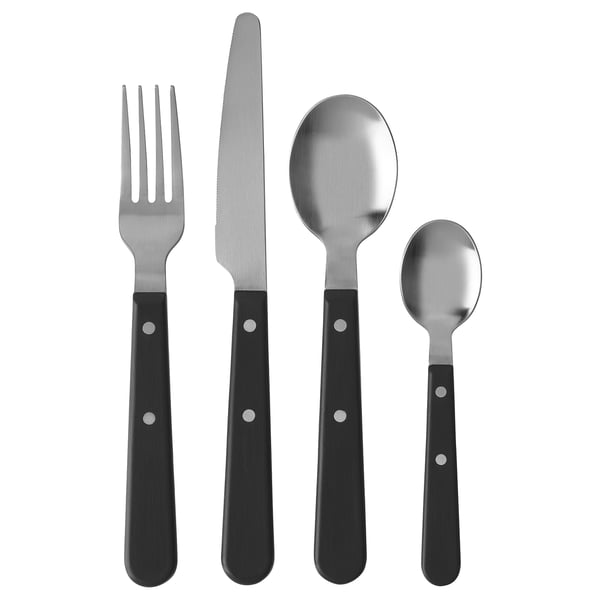 Conxunto de cubertas LIVNÄRA: garfo, coitelo, culler grande, culler pequena en negro con acentos de aceiro inoxidable. Deseño rústico e duradeiro.