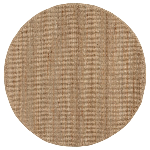 Alfombra circular de xute beige, fibras naturais, tecido plano, tons neutros.