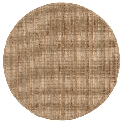 Alfombra circular de xute beige, fibras naturais, tecido plano, tons neutros.