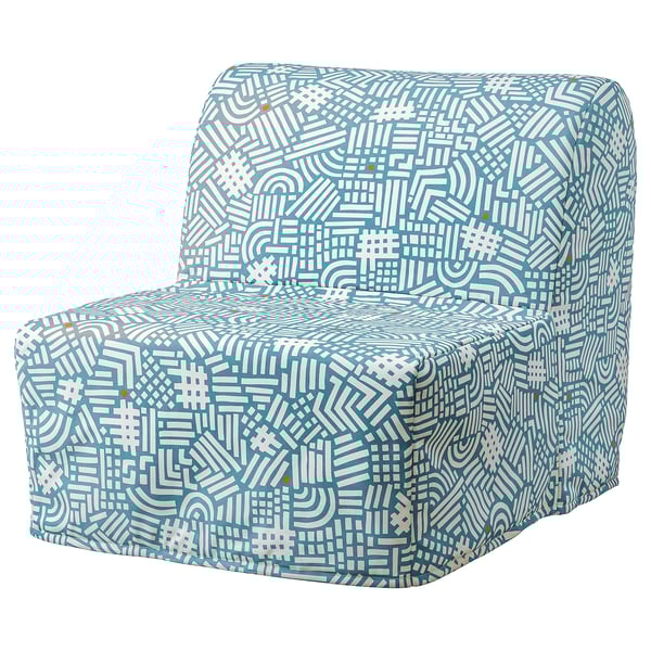 Cadeira-cama con patróns azul-verdes Lycksele con deseño xeométrico.