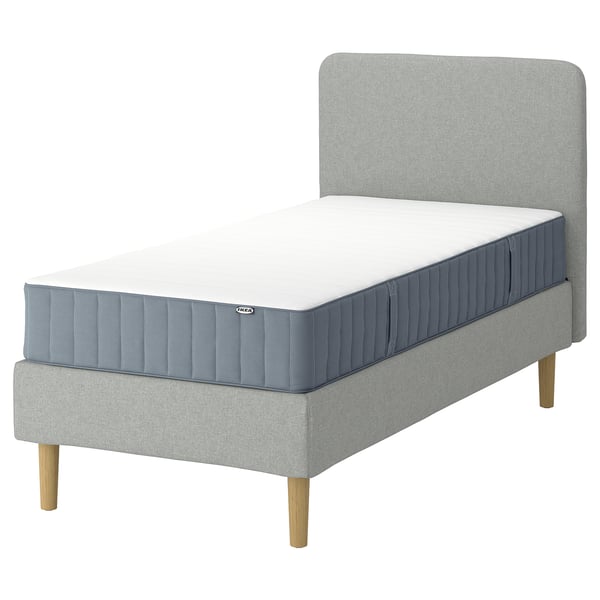LYNGÖR Cama continental, Valevåg extra firme/azul claro Tibbleby beixe/gris, 90x200 cm