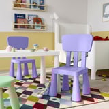 Área de xogo infantil con cadeiras MAMMUT púrpuras, mesa branca, alfombra colorida e configuración de xoguetes; As cadeiras púrpuras son pequenas e lixeiras.