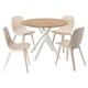 Un conxunto de comedor MARIEDAMM cunha mesa redonda marrón clara e catro cadeiras beige, cun deseño minimalista moderno con materiais de madeira e plástico.