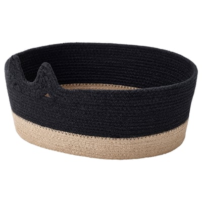 Cesta de almacenamento de jute e algodón trenzado negro e beige, forma ovalada con deseño decorativo.