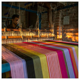 Un home que opera o tear con fíos de cores.