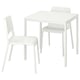 Pequeno conxunto de comedor branco con mesa cadrada e dúas cadeiras, elegante deseño moderno.