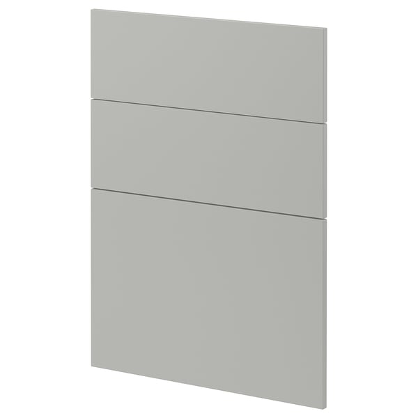 Fronte de armario de cociña gris claro e rectangular. Ten un deseño elegante e moderno con tres seccións.