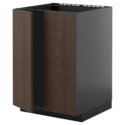 Armario de cociña moderno: madeira marrón escuro, marco gris, rectangular.