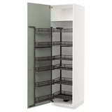 Armario de cociña branco METOD con porta verde e múltiples estantes extraíbles.