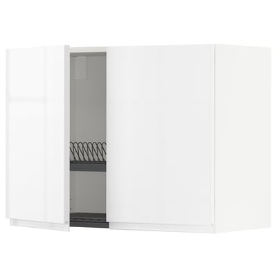 Armario de cociña METOD, branco, acabado brillante, rectangular, porta aberta con interior con drenaxe de pratos.