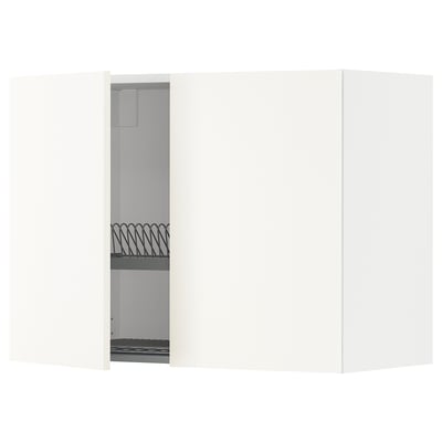 Unidade de cociña METOD en branco con porta aberta, drenador de pratos de aceiro.