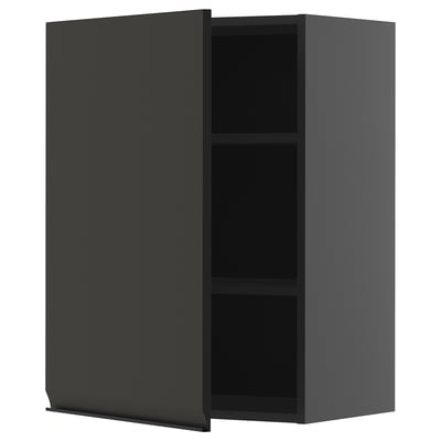 Armario de parede METOD en gris escuro, rectangular, porta aberta, dous estantes.