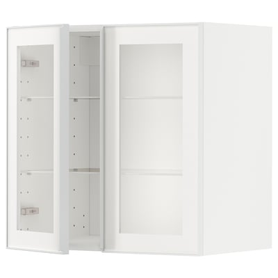 Armario de cociña branco METOD con porta de vidro e marco metálico, deseño minimalista moderno.