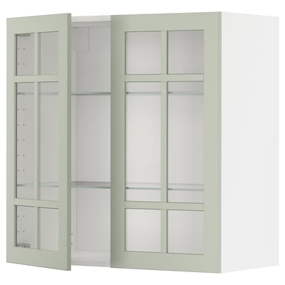 Armario de cociña METOD: verde, portas de vidro, deseño cadrado, estantes axustables.