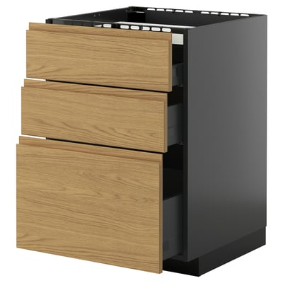 Unidade de cociña moderna con tres caixóns de madeira e base negra. Práctico e elegante con deseño minimalista.