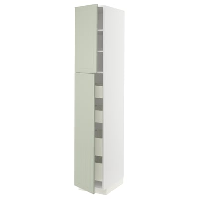 Unidade de cociña METOD en verde con dúas portas e estantes no interior. Forma alta e rectangular con deseño moderno e sinxelo.