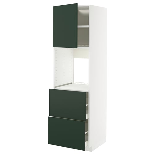Unidade de cociña METOD: verde, branco, rectangular, deseño moderno, portas abertas, estantes de almacenamento.