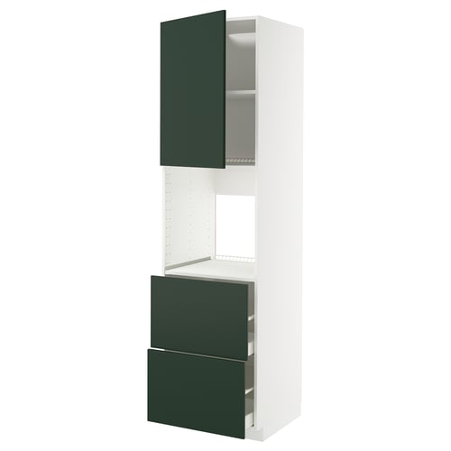 Unidade de cociña METOD con portas verdes. Armario branco alto, dúas seccións de almacenamento.