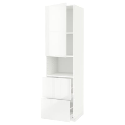 Armario de cociña branco brillante METOD con estante aberto e dous caixóns, elegante deseño moderno.