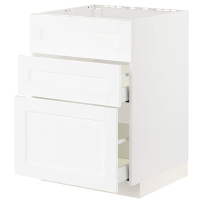 Conxunto de armarios de cociña branco METOD, tres caixóns, deseño minimalista moderno.