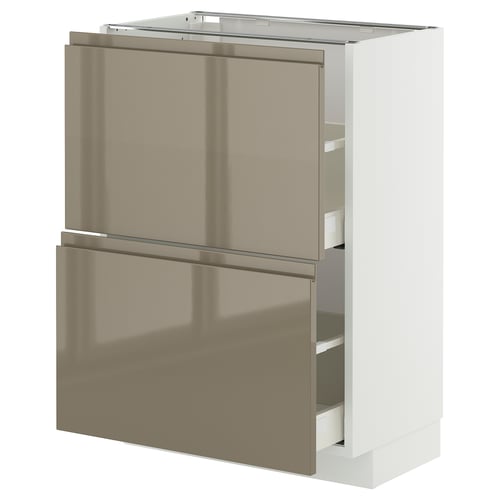 Armario de cociña moderno METOD. Branco con caixóns gris-marrón escuro brillantes. Mangos integrados, deseño elegante e rectangular.