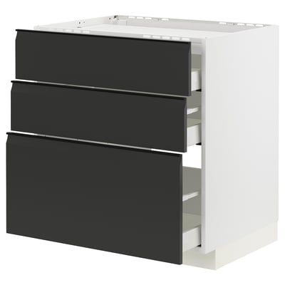 Armario de cociña moderno con tres caixóns negros mates, deseño elegante e minimalista, ideal para interiores contemporáneos.