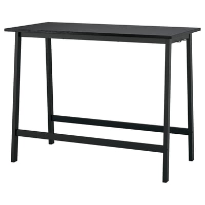 Unha mesa alta de conferencias MITTZON, negra, cunha parte superior rectangular e catro patas delgadas, deseñada para reunións sentadas ou de pé.
