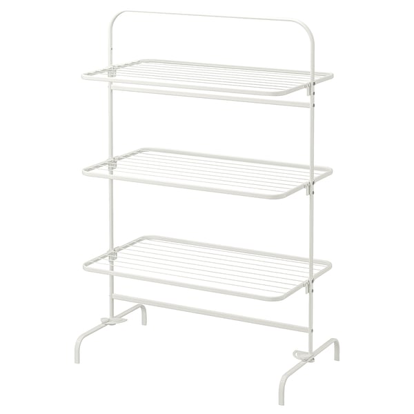 Un estante de secado MULIG branco, con tres estantes de arame para secar a roupa. É lixeiro e duradeiro, perfecto para uso interior ou exterior.