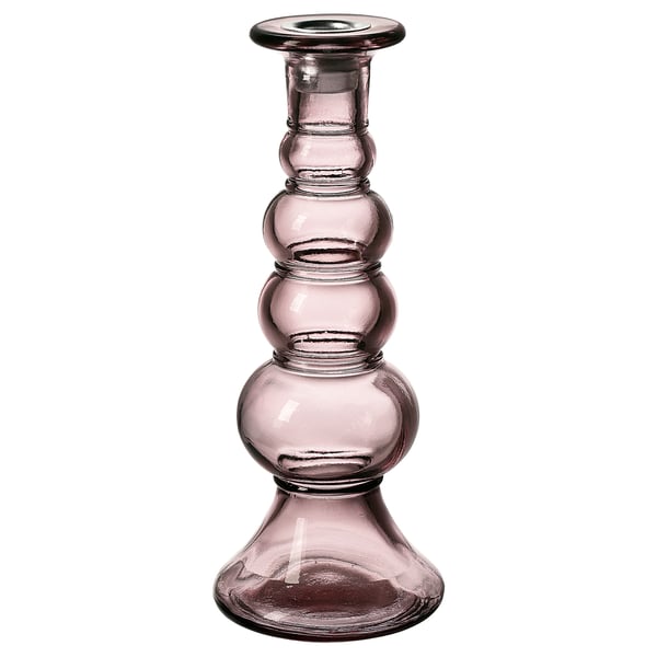 Candelabro de vidro reciclado púrpura con deseño en forma de burbulla.