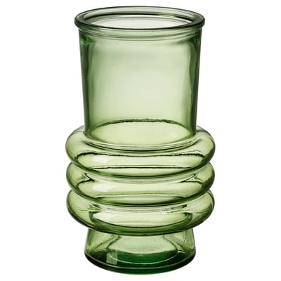 Vaso MYRMOSAIK de vidro reciclado verde con deseño apilado e nervado.