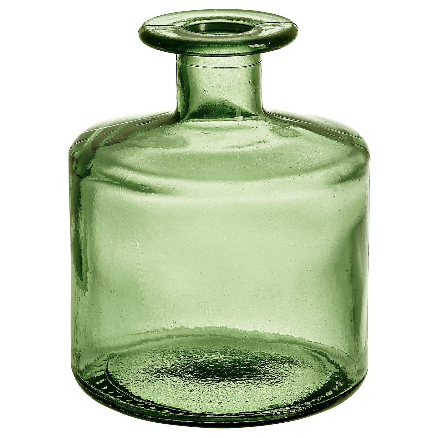 Un vaso de vidro reciclado verde chamado MYRMOSAIK. A súa forma é cilíndrica cun pescozo estreito e un aspecto lixeiramente texturizado.