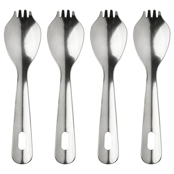 Catro espores de prata, combinando culler e garfo aliñados ordenadamente. Ideal para viaxar con construción duradeira de aceiro inoxidable.