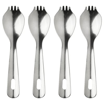Catro espores de prata, combinando culler e garfo aliñados ordenadamente. Ideal para viaxar con construción duradeira de aceiro inoxidable.