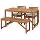 Conxunto de comedor ao aire libre NÄMMARÖ, madeira de acacia marrón claro, 4 cadeiras, 1 banco, coxíns beige, práctico e elegante para balcóns ou xardíns.
