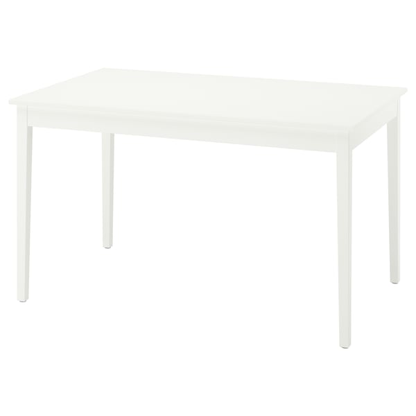 Mesa de comedor branca NÄSINGE, forma cadrada, tapa de melamina, patas de madeira.