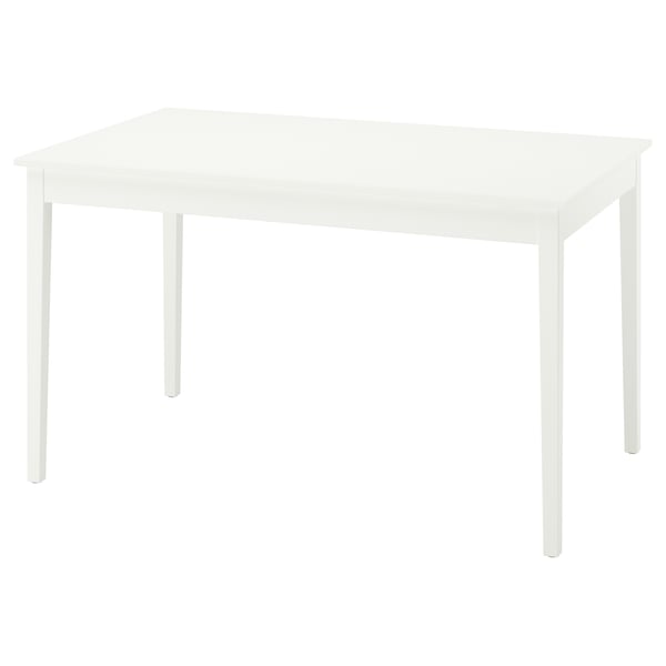 Unha mesa de comedor branca NÄSINGE cunha parte superior lisa e patas cadradas. Catro patas, bordos chamfered, deseño moderno e limpo.