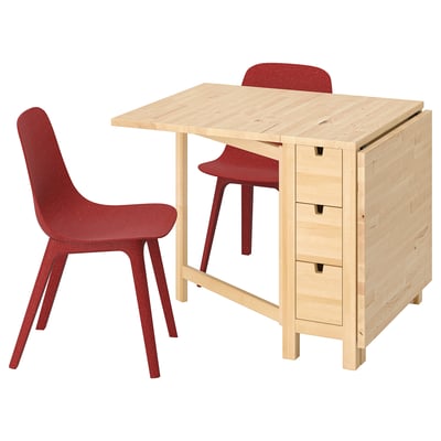 Conxunto de comedor NORDEN: mesa de bidueiro lixeiro, cadeiras vermellas, 2 caixóns, deseño aforro de espazo, cómodo, plegable.