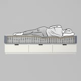 Ilustración dunha cama cunha persoa durmida, ondas grises no colchón, marco branco.